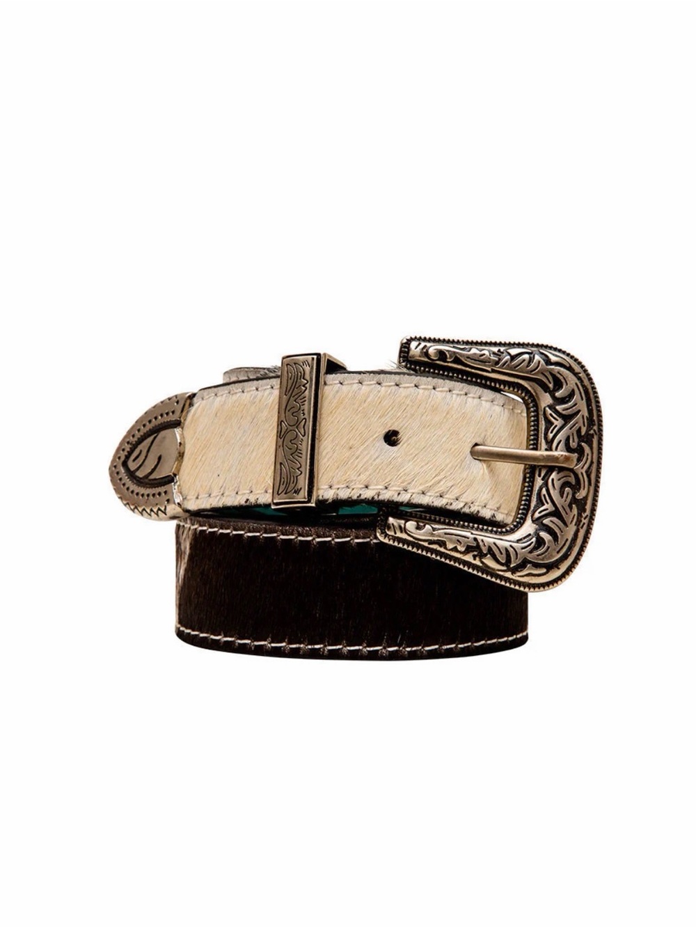 Western Belt Two-Tone Cowhide Western Belt with Ornate Buckle